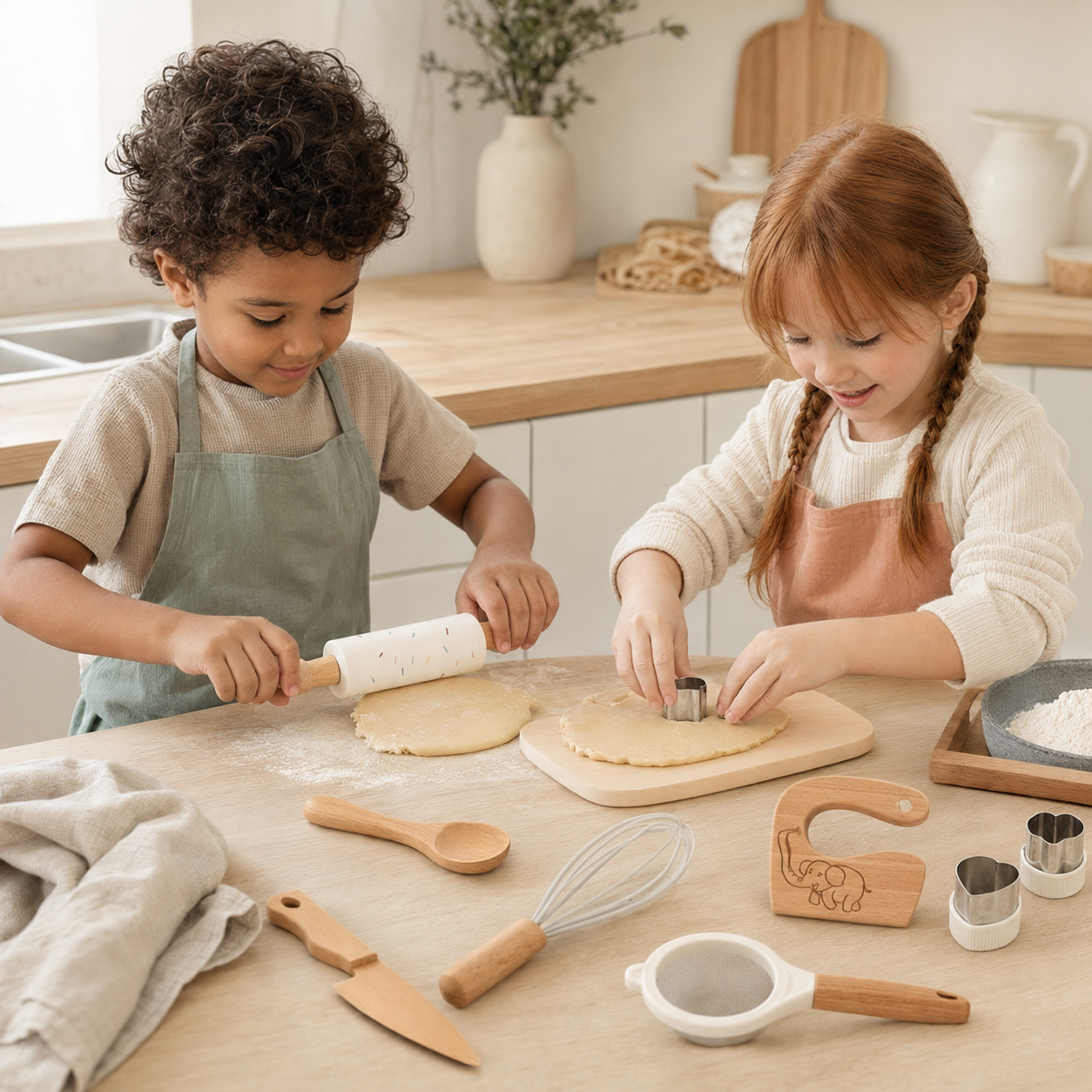 Enfant utilisant un kit de cuisine Montessori en bois avec un parent