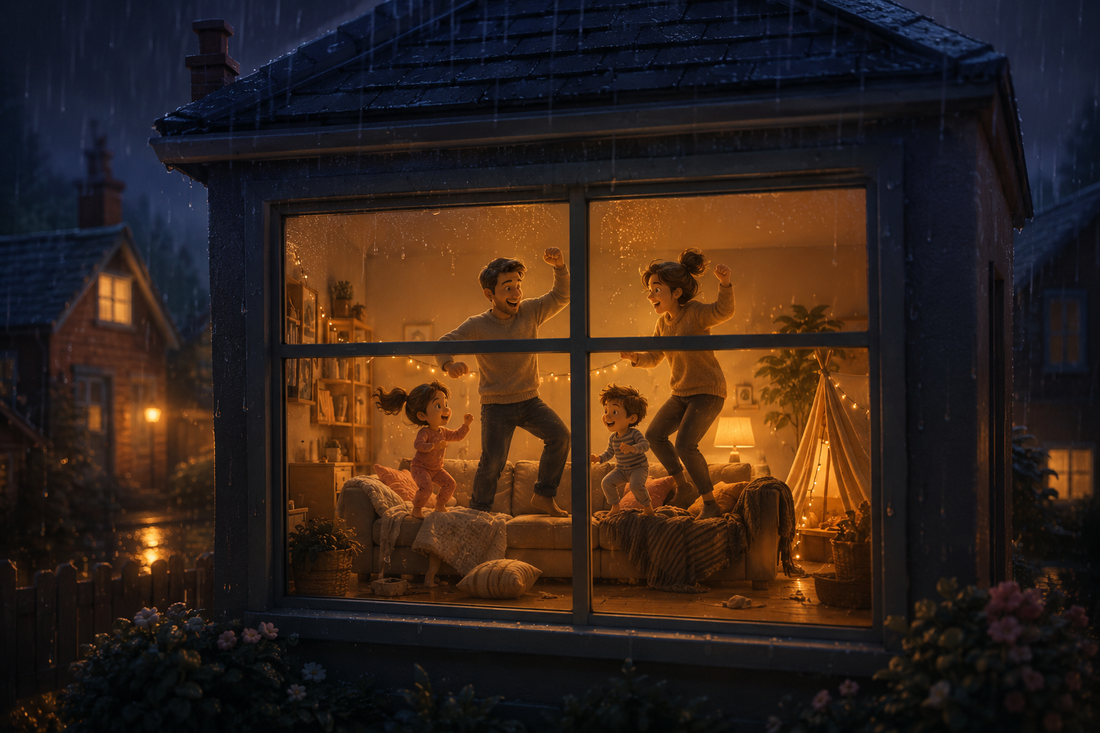 Enfant qui joue à la maison un jour de pluie