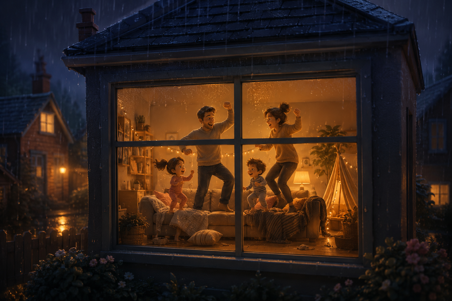 Enfant qui joue à la maison un jour de pluie