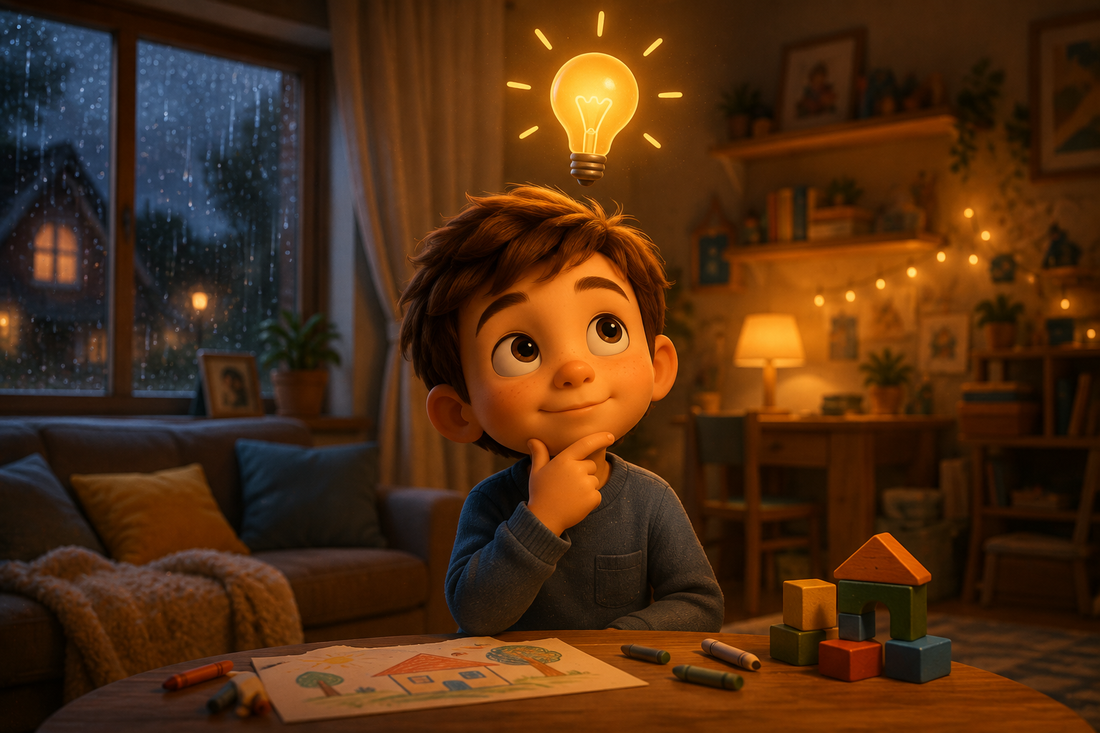 Enfant qui joue à la maison sans écran avec des jouets simples