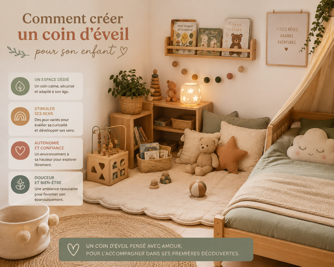 Coin d'éveil Montessori aménagé dans une chambre d'enfant avec jouets en bois