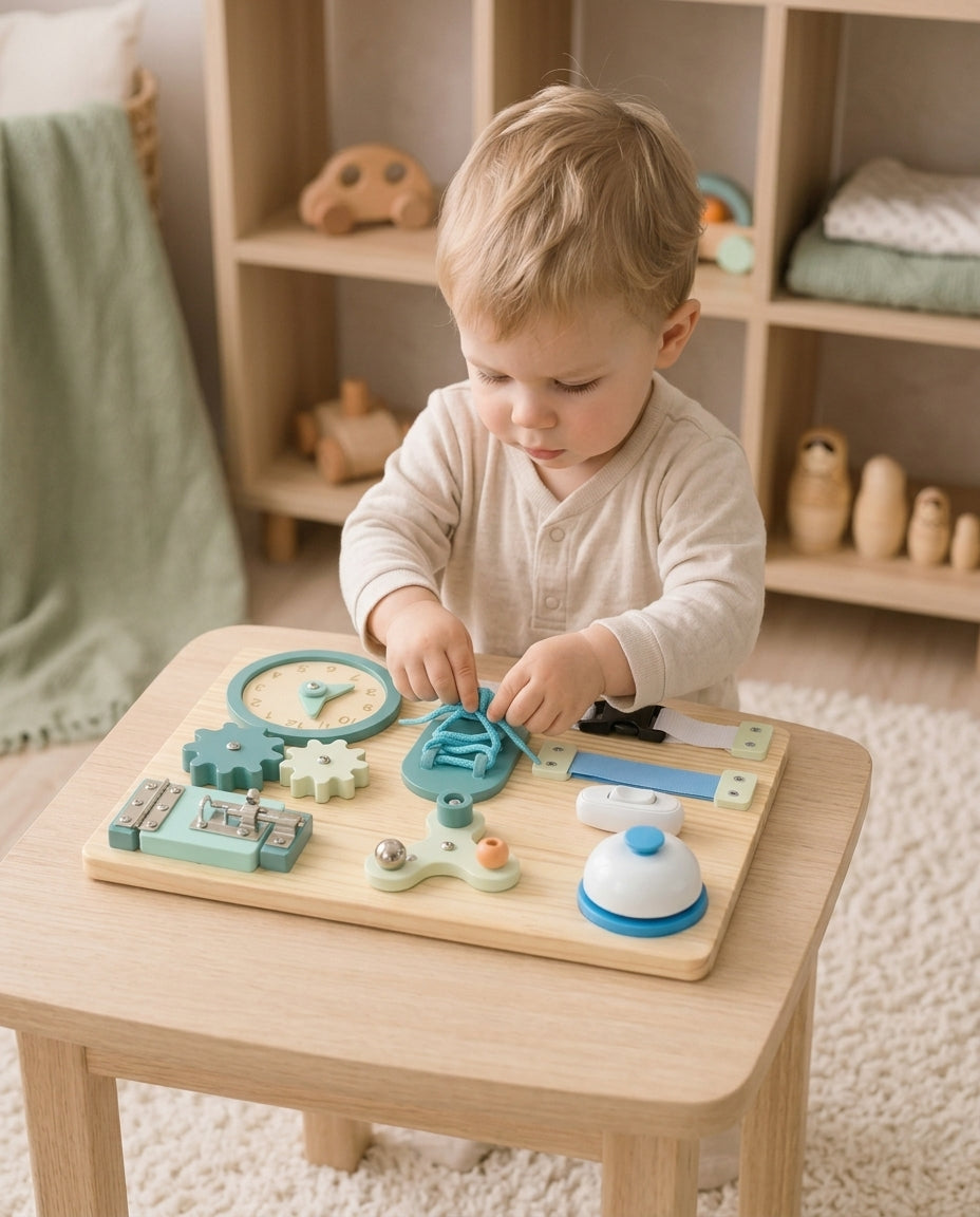 Bébé manipulant un Busy Board en bois