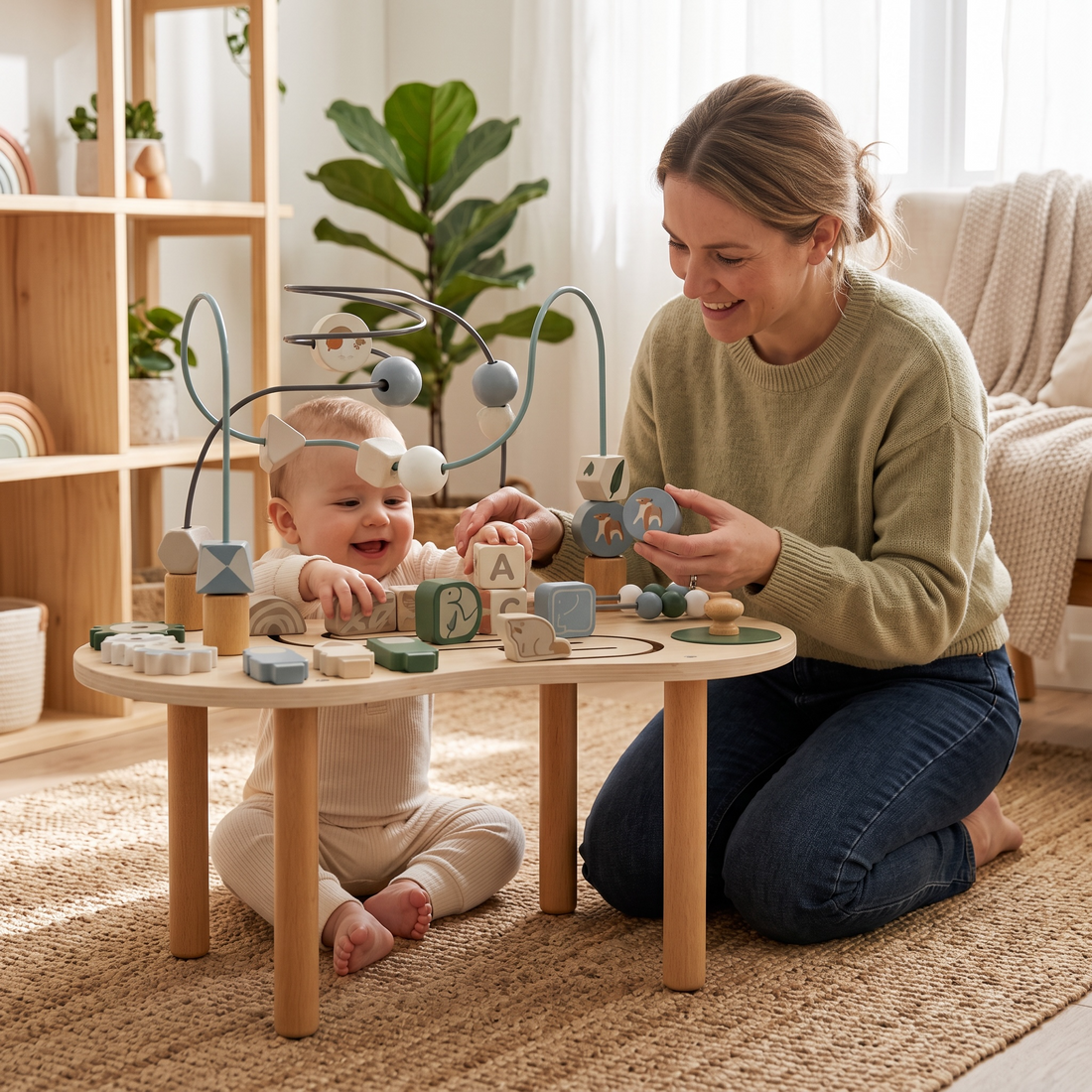Table d'éveil Montessori en bois avec activités de manipulation pour bébé