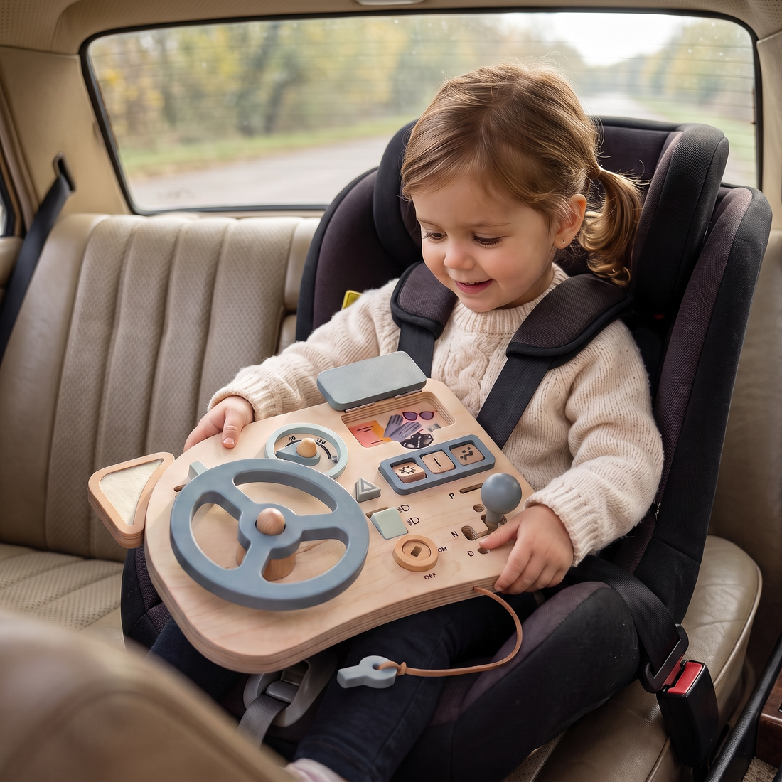 Enfant qui joue avec un volant d'activités en bois de type poste de pilotage Montessori