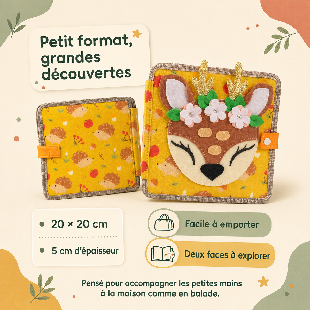 Busy Book animaux en feutrine avec petit cerf présenté sur deux faces