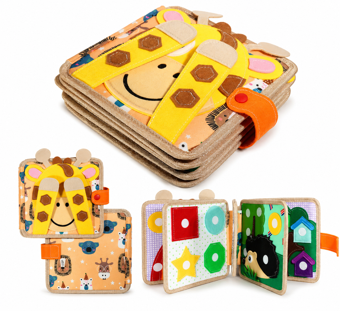 Busy Book girafe présenté sous plusieurs vues pour comparer les activités