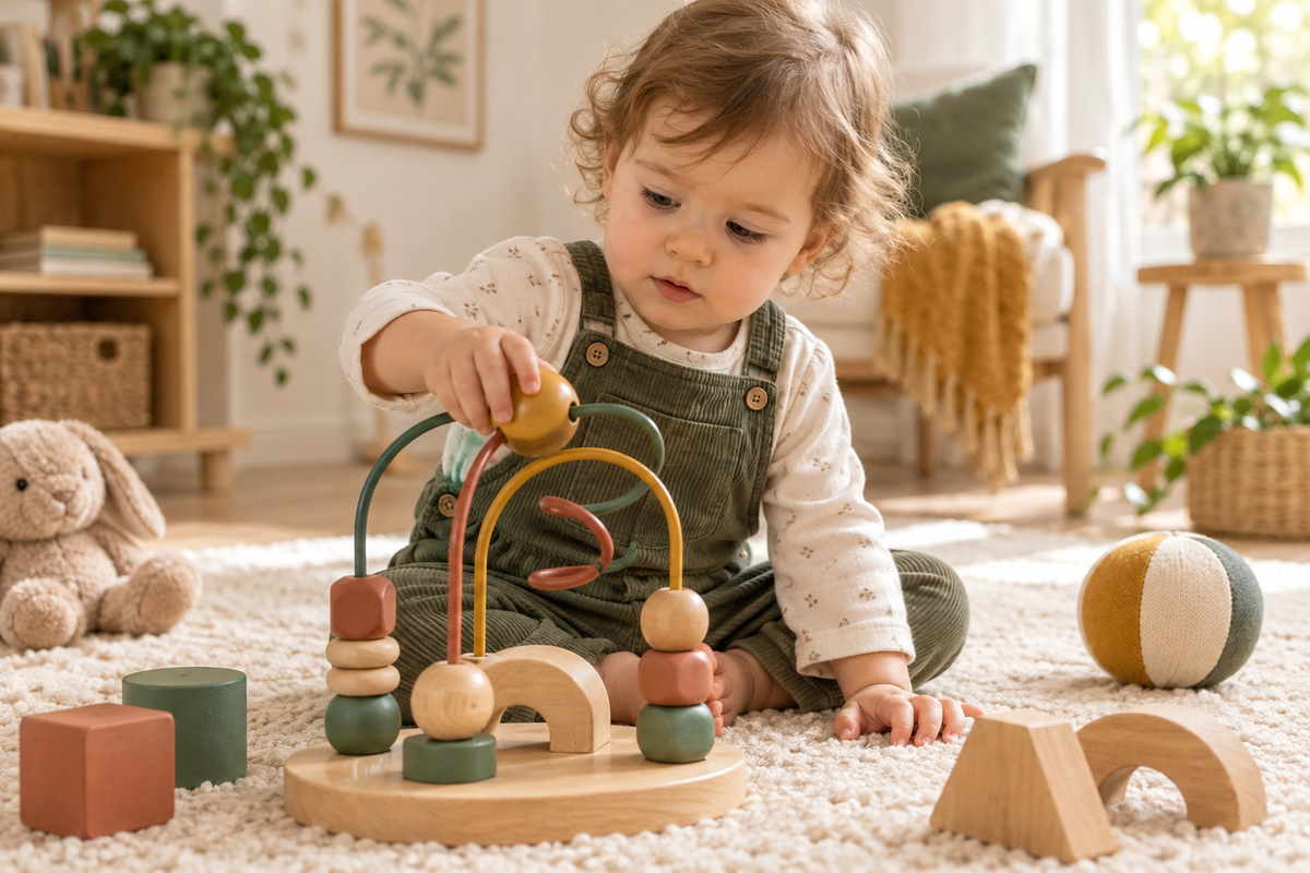 Bébé développant sa coordination œil-main avec un boulier