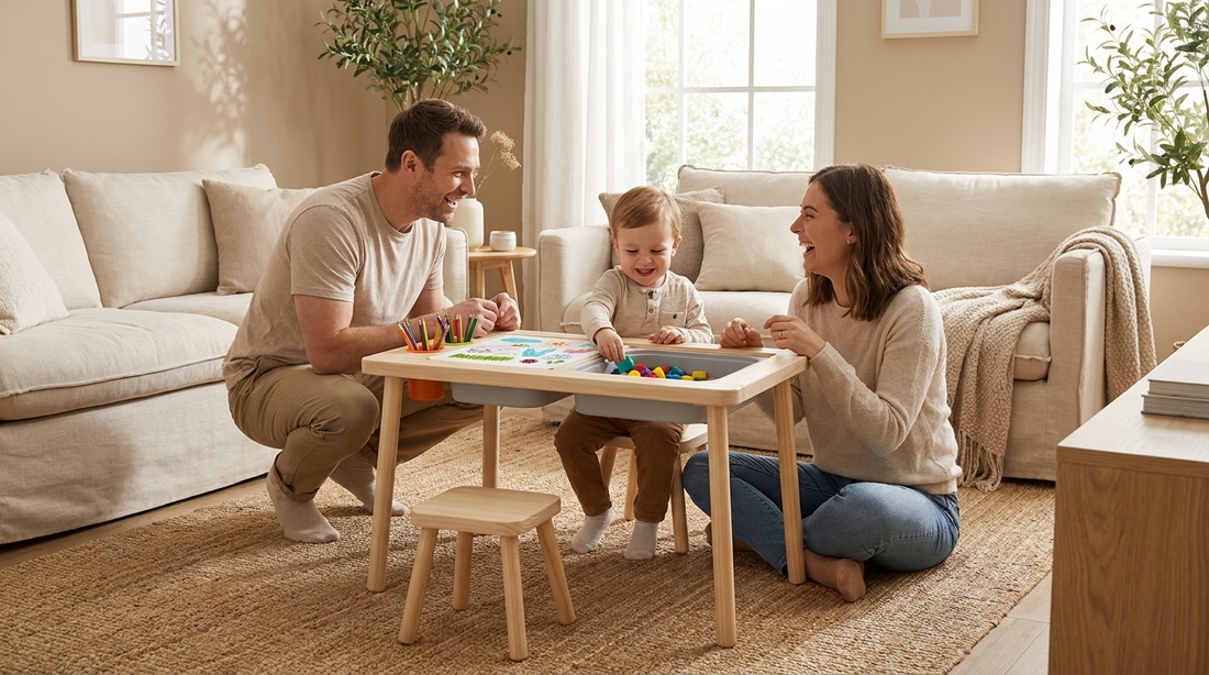 Une famille prend plaisir à jouer autour de la table sensorielle Moli & Liv