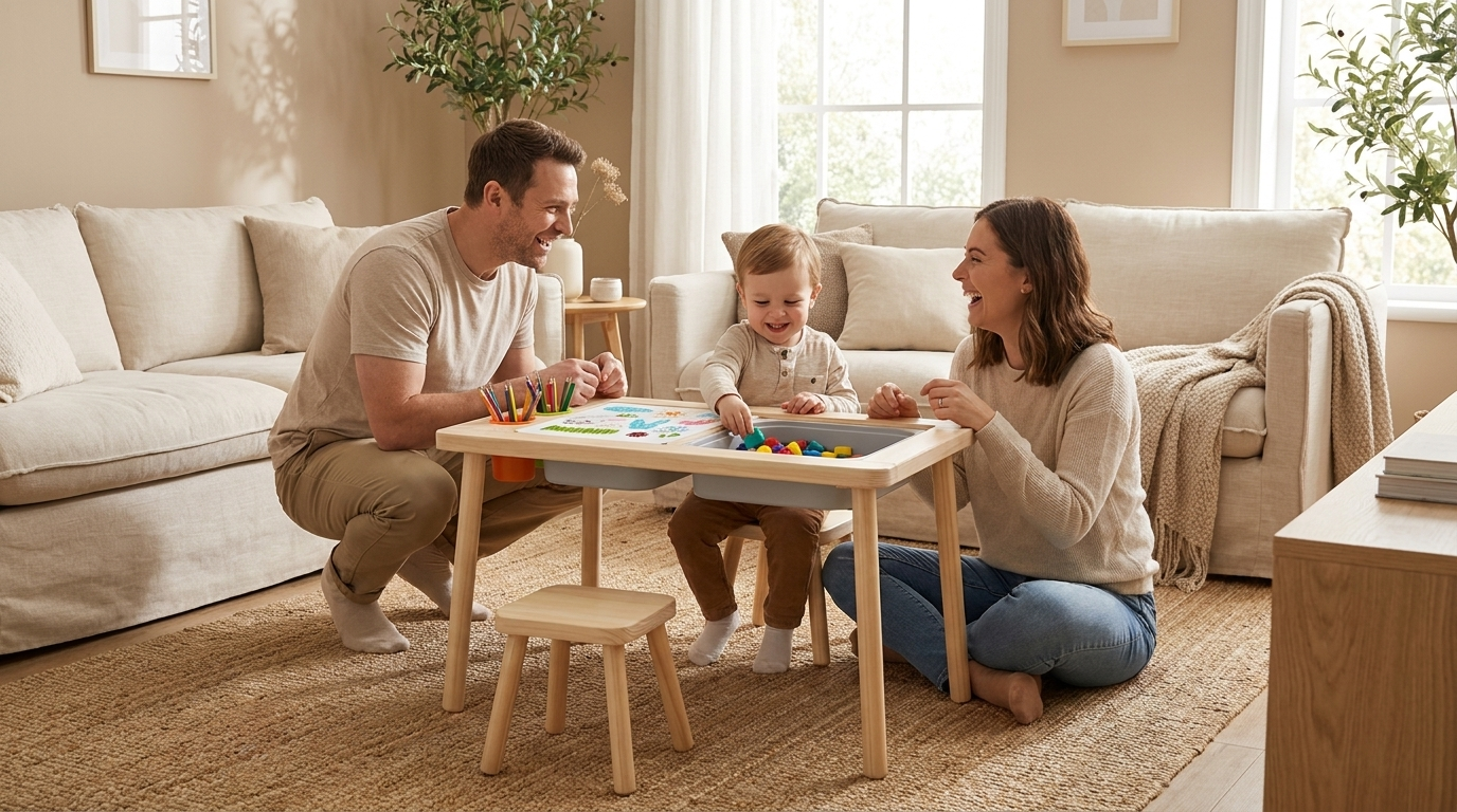 Une famille prend plaisir à jouer autour de la table sensorielle Moli & Liv