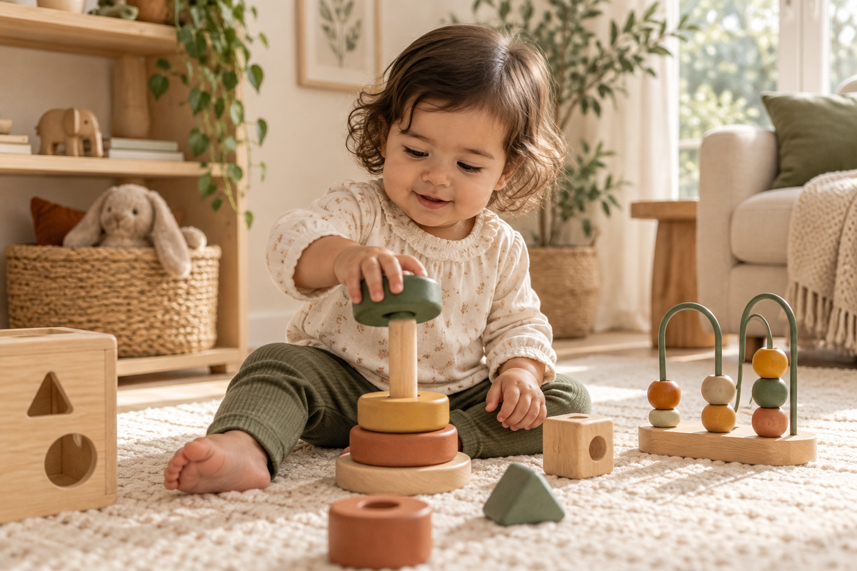 Bébé développant sa motricité fine avec des jouets en bois