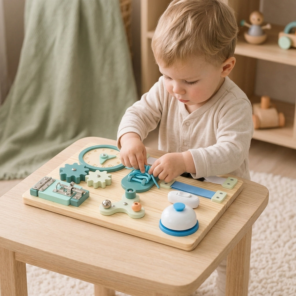 Busy board bleu en bois avec jeux d'activités pour bébé et enfant