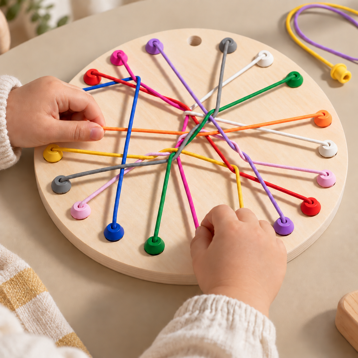 Jeu de logique à cordes en bois pour enfant avec plateau rond et cordes colorées