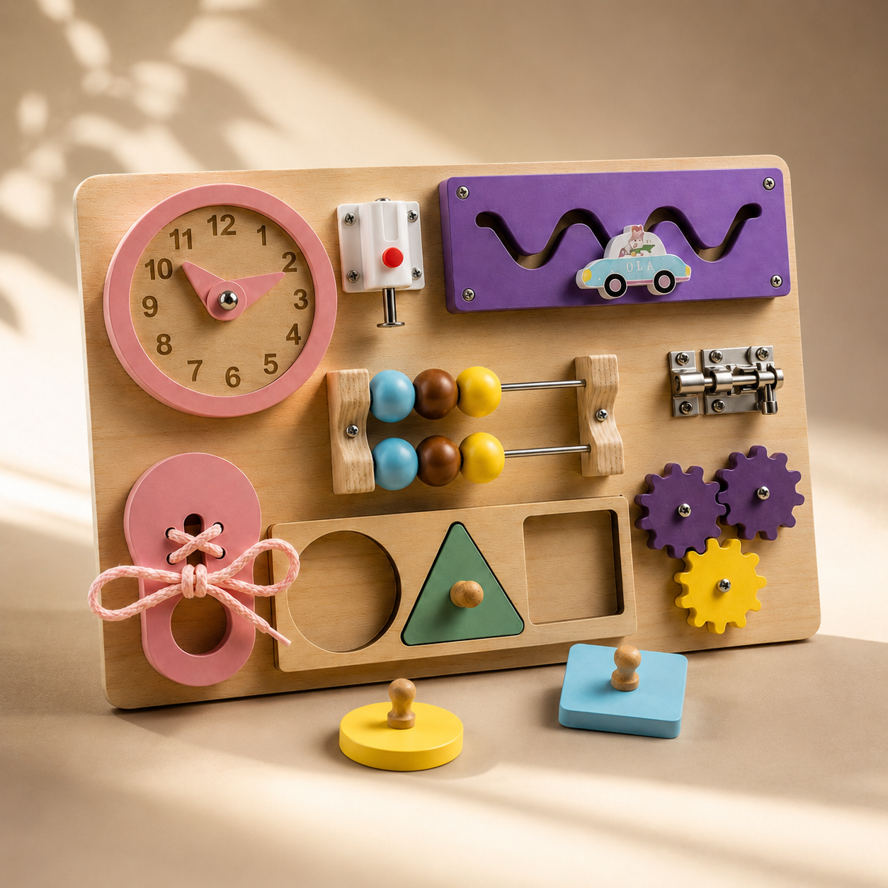 Busy Board Montessori de madera – Tablero de actividades sensoriales desde 12 meses