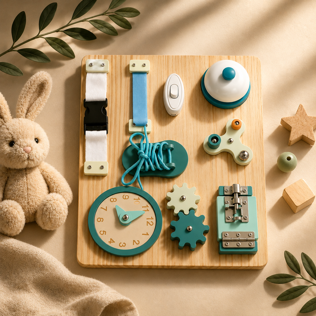 Busy Board Montessori de madera – Tablero de actividades sensoriales desde 12 meses