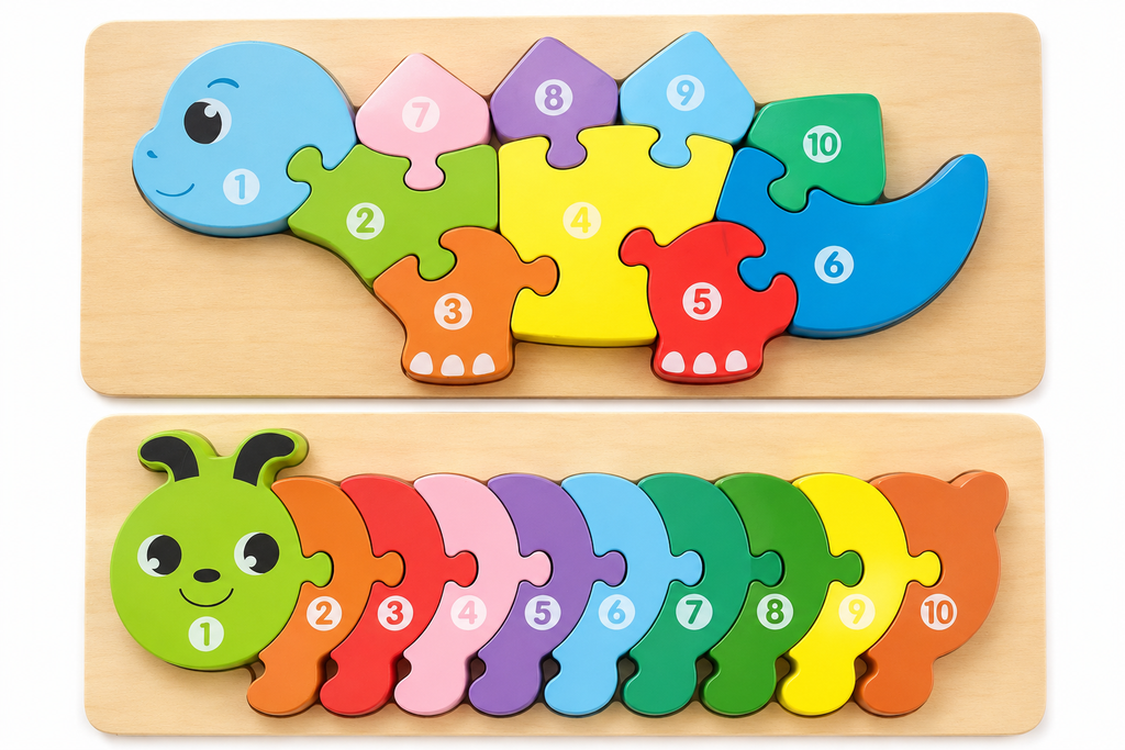 Duo de puzzles en bois – Dinosaure & Chenille Chiffres et couleurs