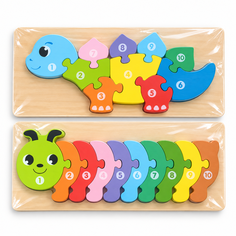 Duo de puzzles en bois – Dinosaure & Chenille Chiffres et couleurs