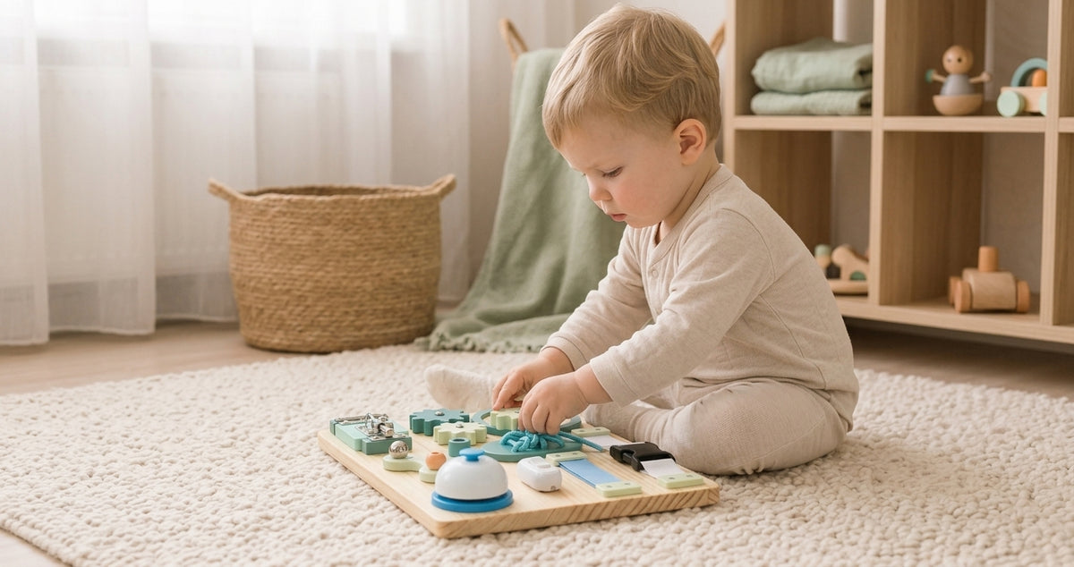 Enfant manipulant les activités du busy board bleu fixé au mur