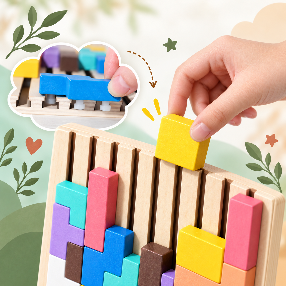 bloc coloré placé sur le support vertical du jeu Tetris en bois enfant