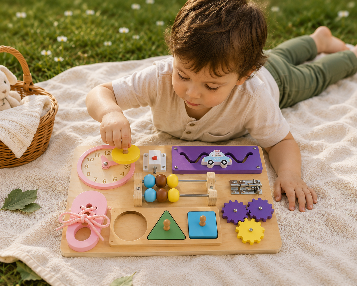 Enfant manipulant les jeux du busy board coloré