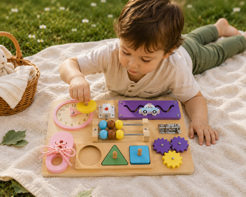 Enfant manipulant les jeux du busy board coloré