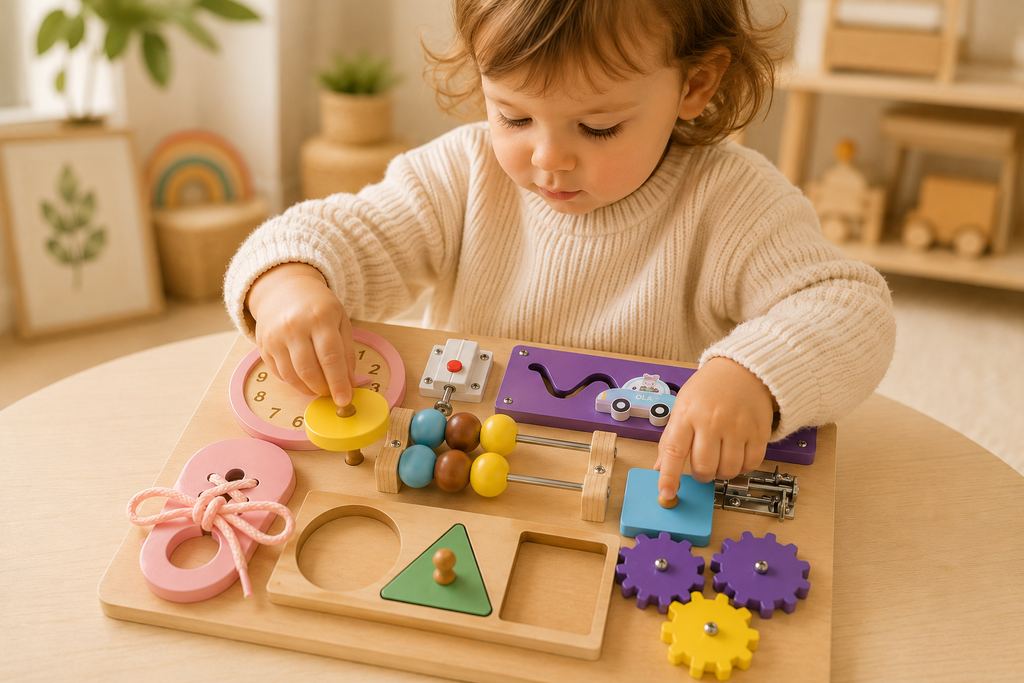 Détail des mécanismes du busy board coloré : loquets, boutons et engrenages colorés avec enfant