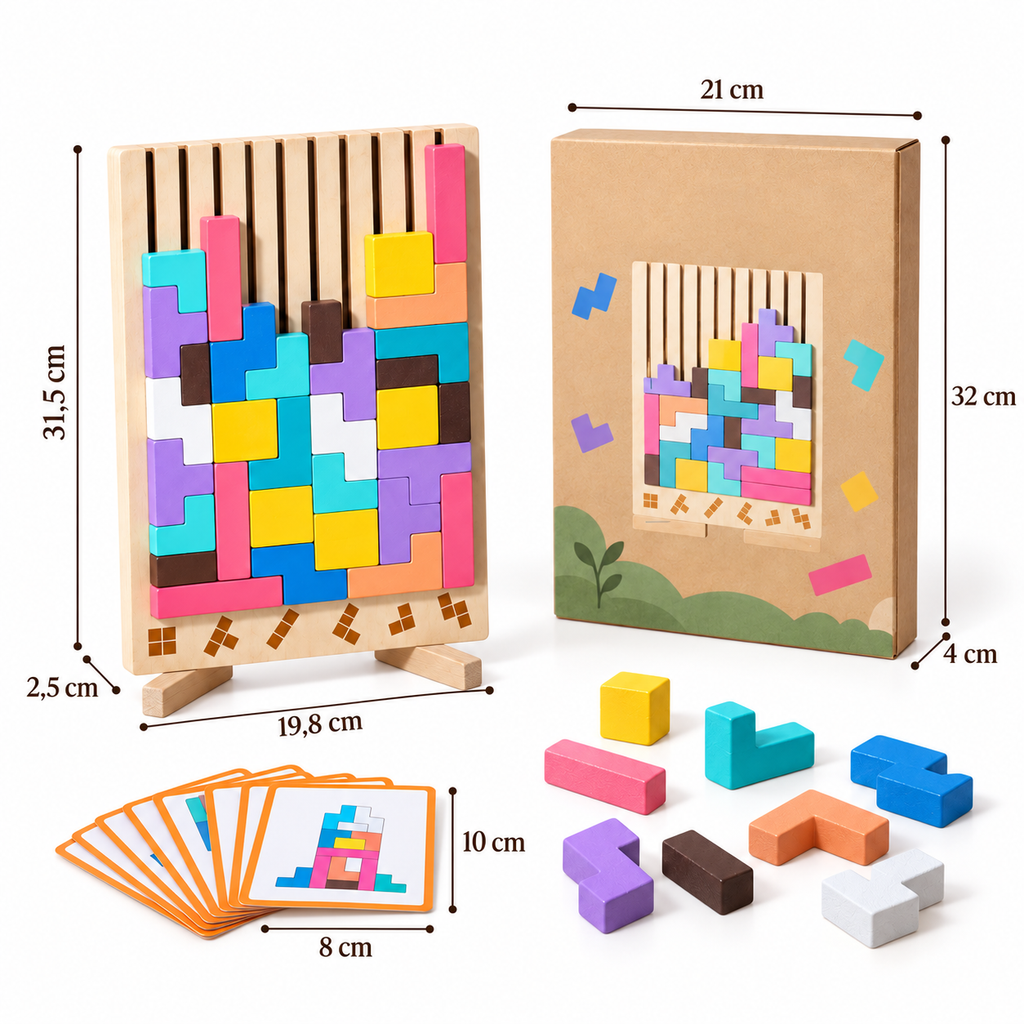 Jeu de logique en bois coloré pour enfant présenté dans une chambre de jeux