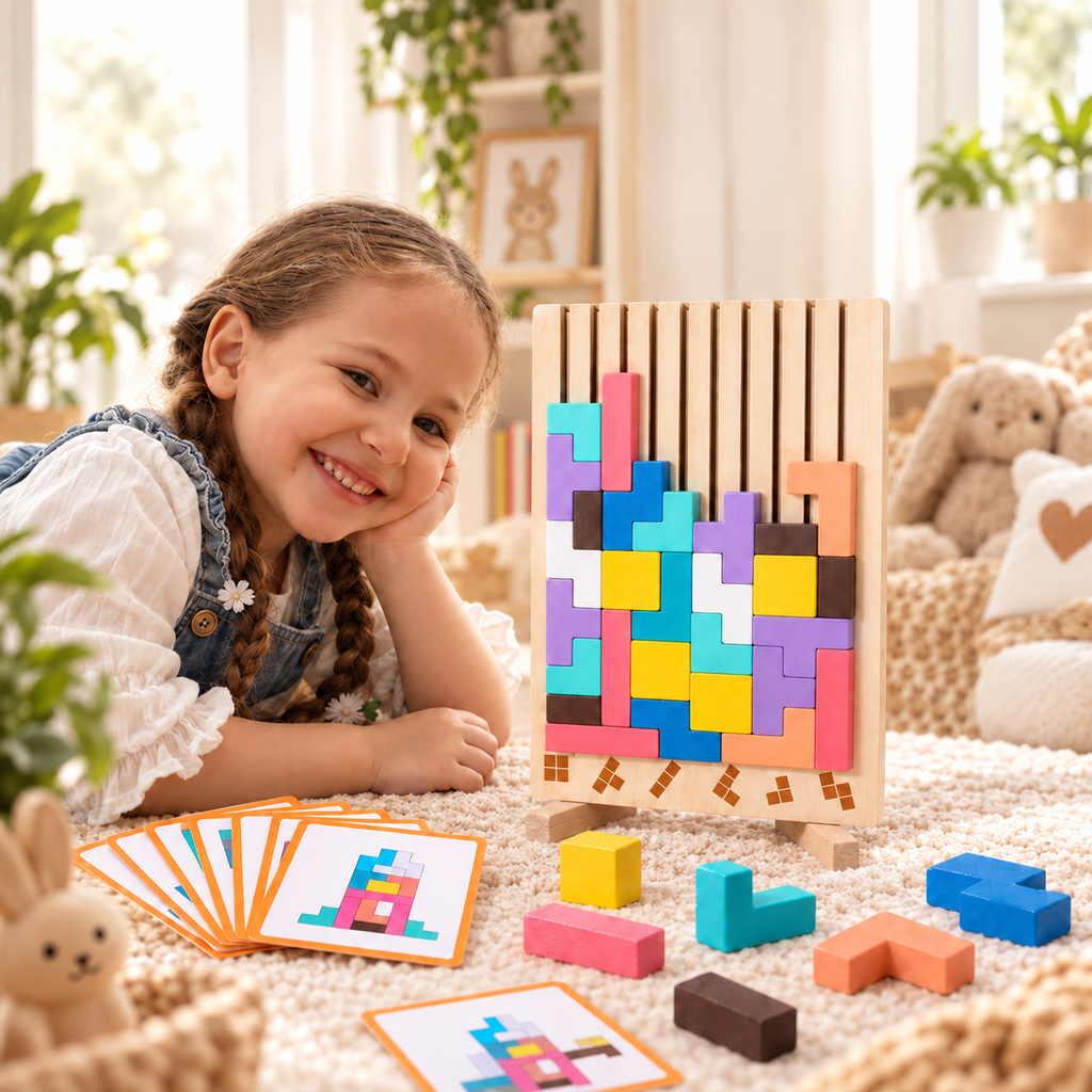 Enfant jouant avec un Tetris en bois et des cartes de construction dès 3 ans