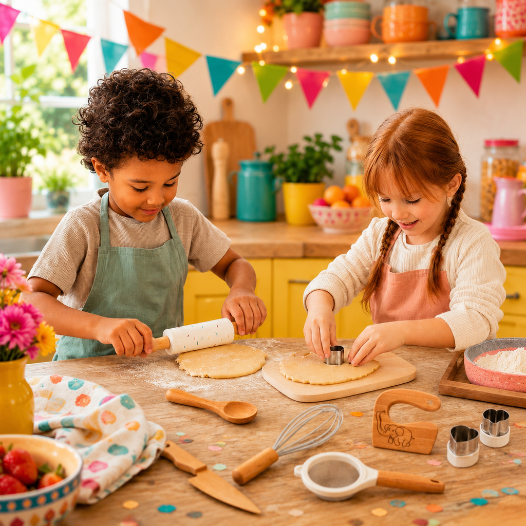 Enfant utilisant un kit de cuisine en bois adapté aux petites mains