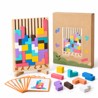Tetris en bois enfant avec blocs colorés, cartes défis et support vertical