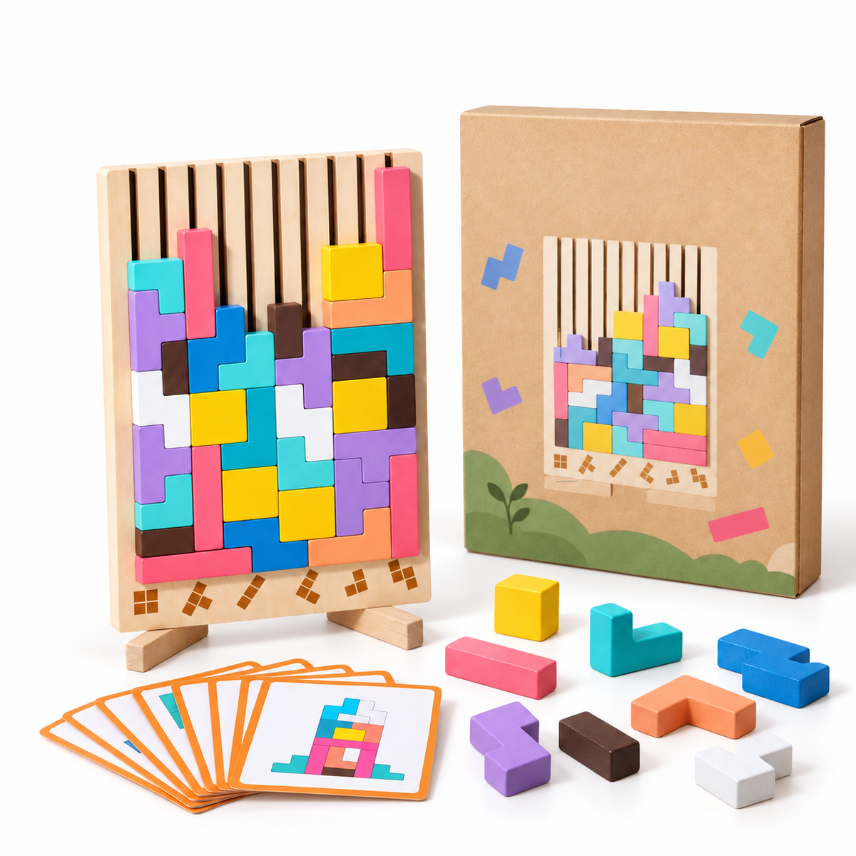 Tetris en bois enfant avec blocs colorés, cartes défis et support vertical