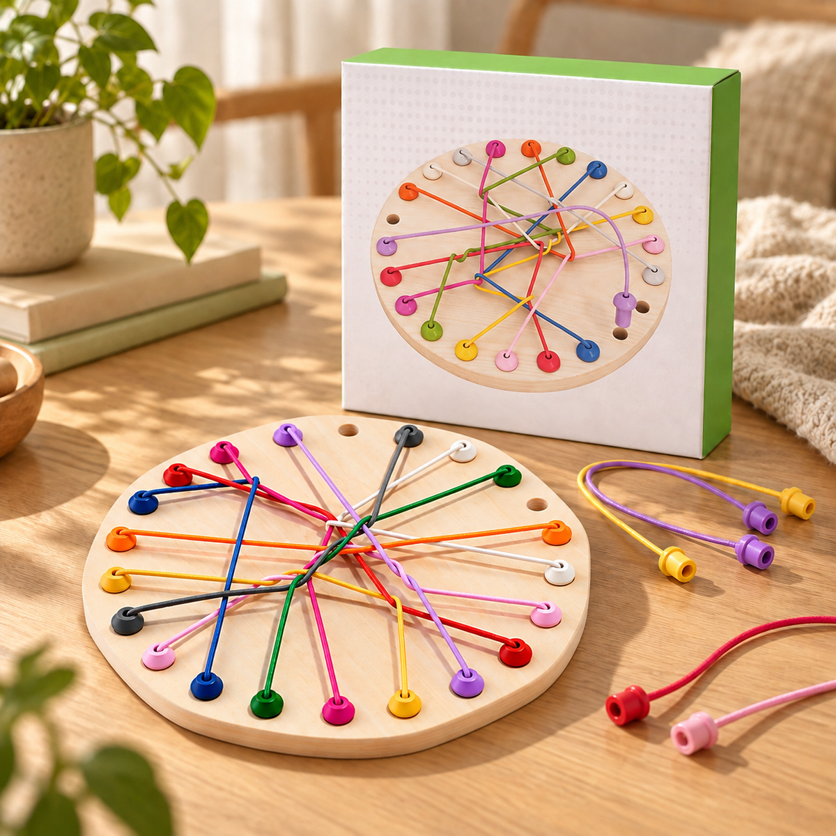 Jeu de logique en bois pour enfant avec plateau rond et cordes colorées