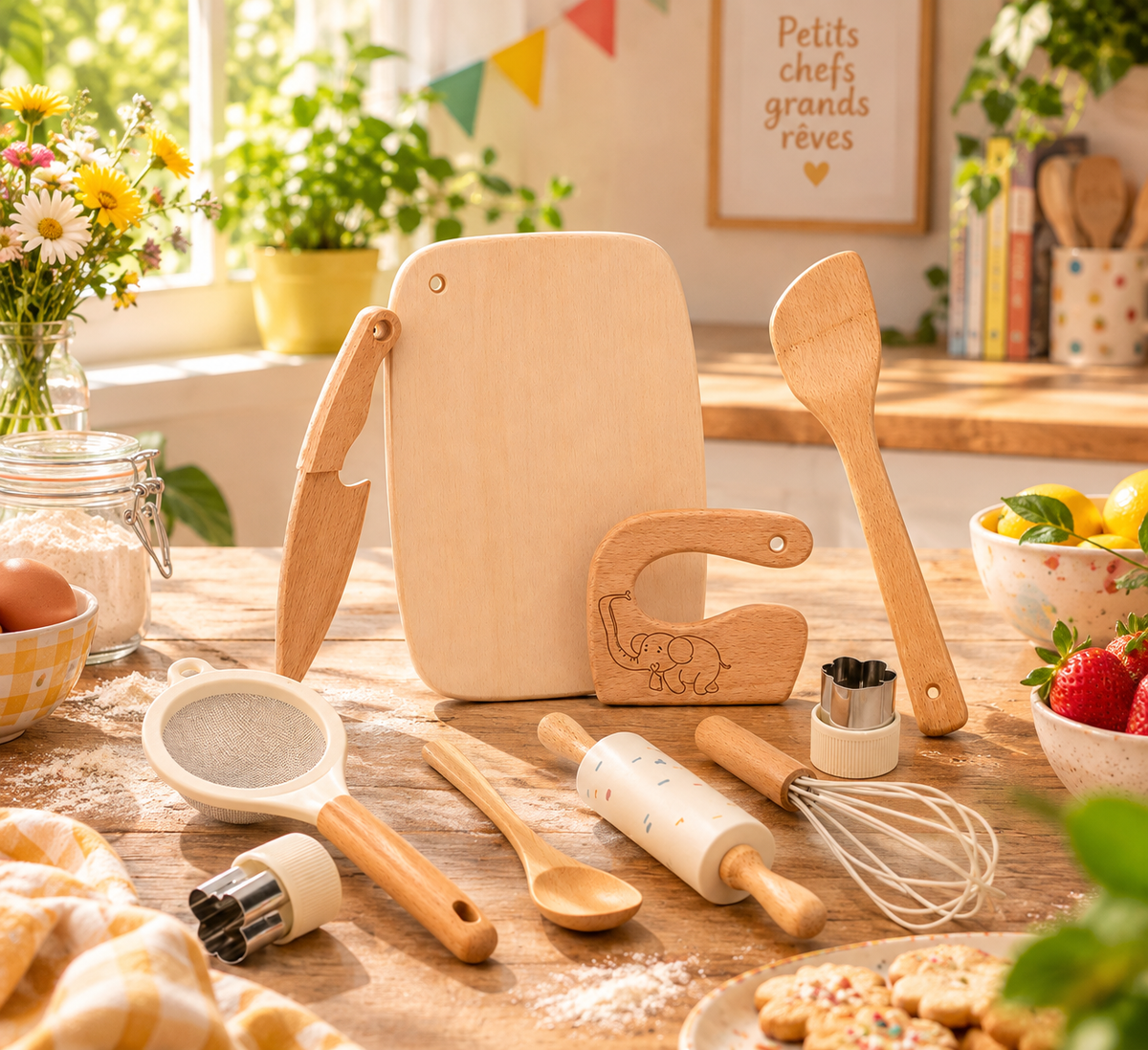 Kit cuisine enfant en bois avec ustensiles et accessoires