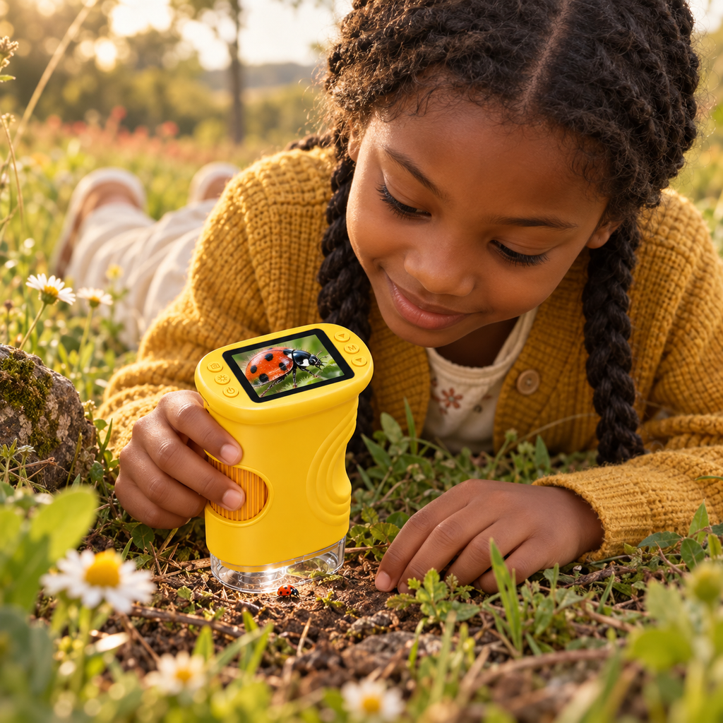 Enfant utilisant un microscope numérique portable pour observer la nature