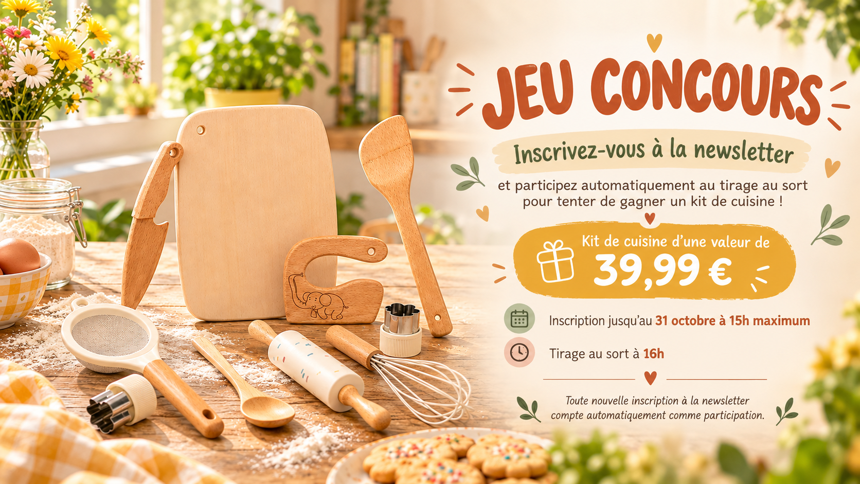 Jeu concours Moli et Liv : gagnez un kit cuisine en bois d'une valeur de 39,99 euros. Inscription jusqu'au 31 octobre à 15 heures, tirage à 16 heures.