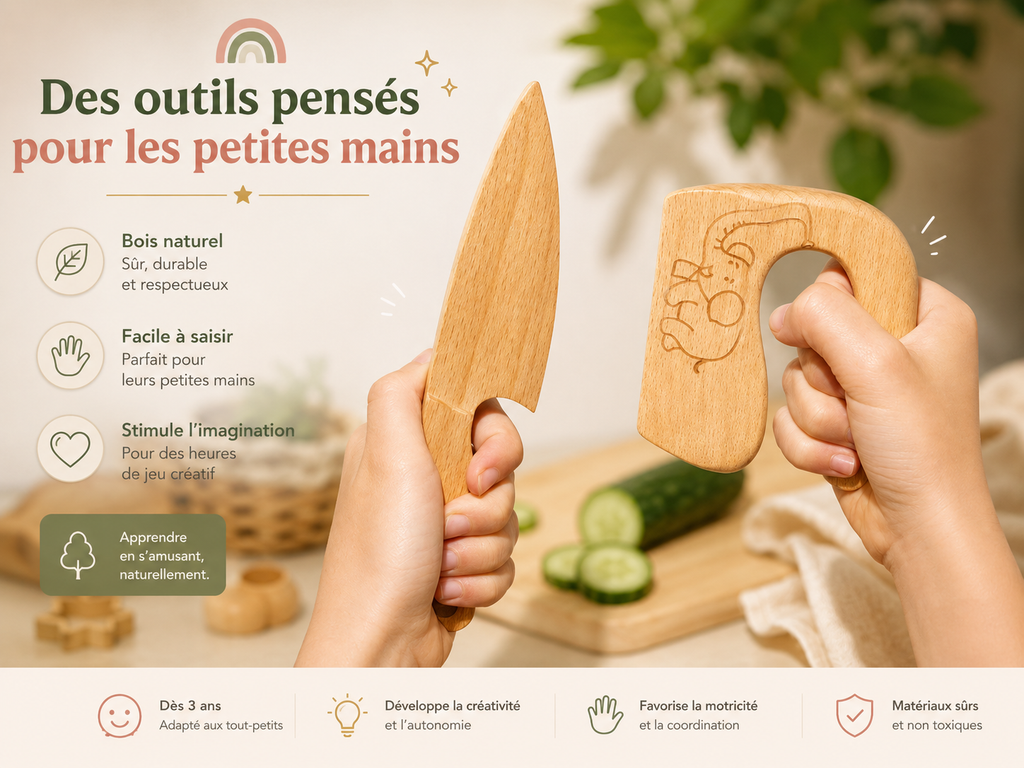 Kit de cuisine enfant en bois présenté avec ses accessoires