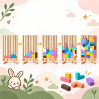 Étapes de construction d’un puzzle en bois avec blocs géométriques colorés