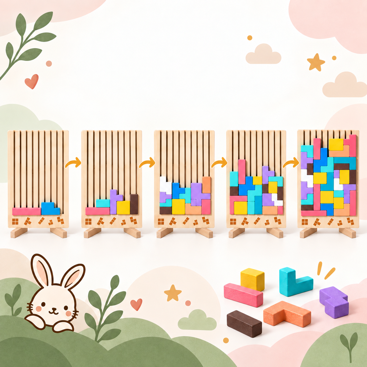 Étapes de construction d’un puzzle en bois avec blocs géométriques colorés