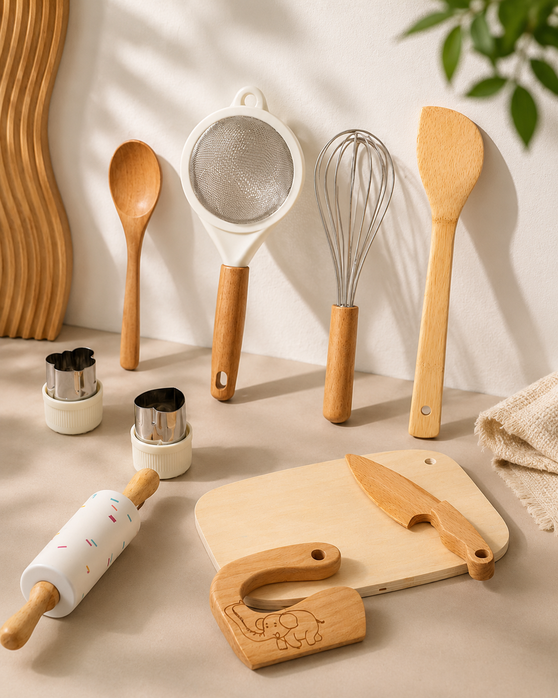 Ensemble des 10 accessoires du kit de cuisine en bois